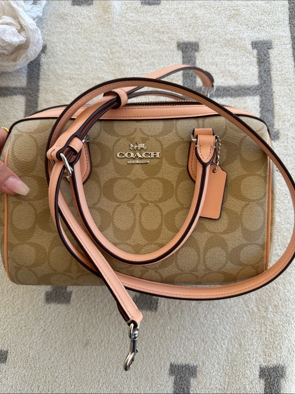 Coach Beige Monogram Satchel with Pink Trim